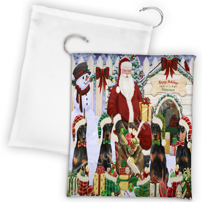 Happy Holidays Christmas Doberman Dogs House Gathering Drawstring Laundry or Gift Bag LGB48043