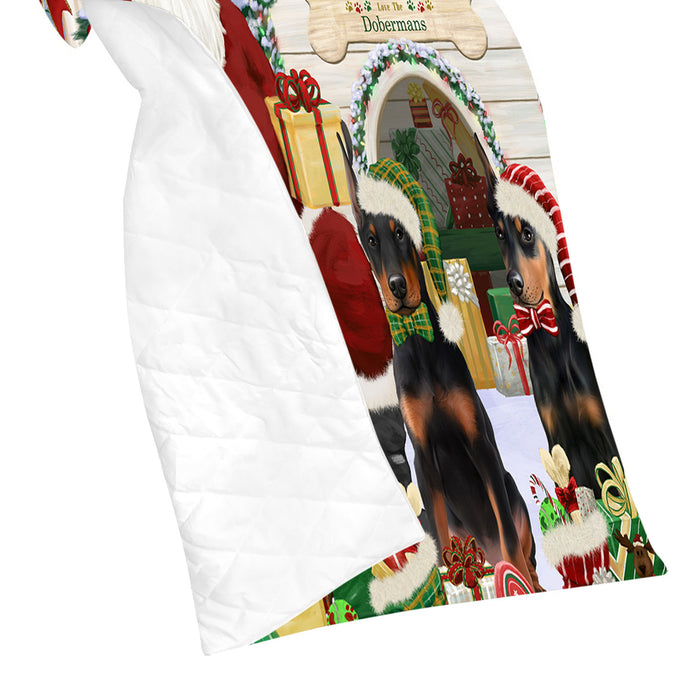 Happy Holidays Christmas Doberman Dogs House Gathering Quilt