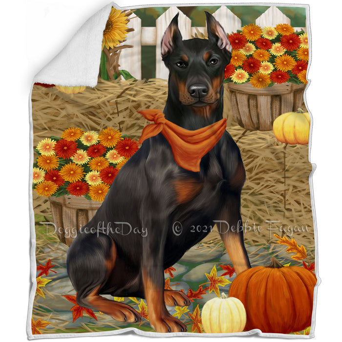 Fall Autumn Greeting Doberman Pinscher Dog with Pumpkins Blanket BLNKT72804