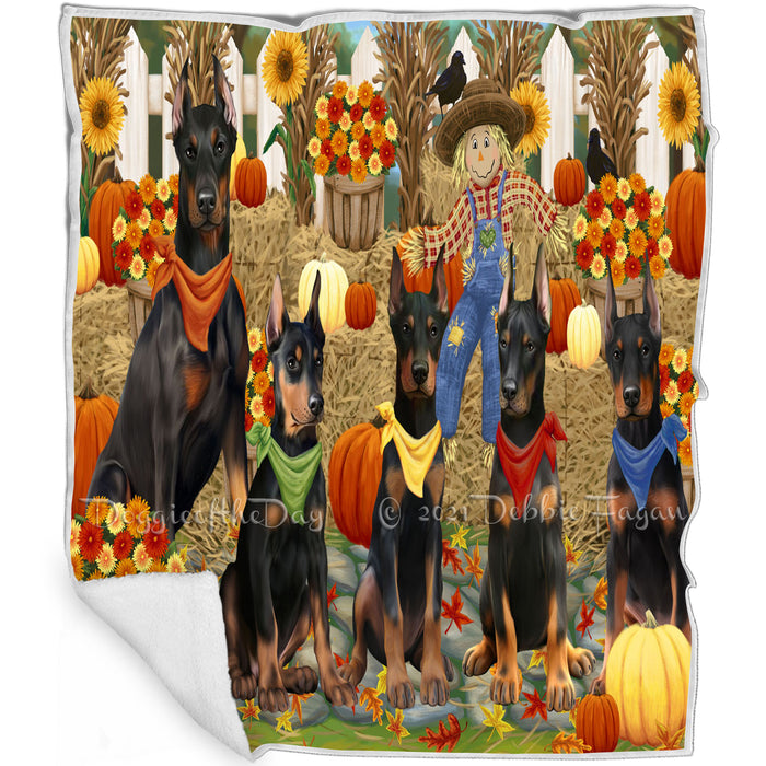 Fall Festive Gathering Doberman Pinschers Dog with Pumpkins Blanket BLNKT71859