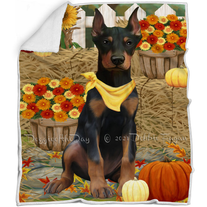 Fall Autumn Greeting Doberman Pinscher Dog with Pumpkins Blanket BLNKT72813