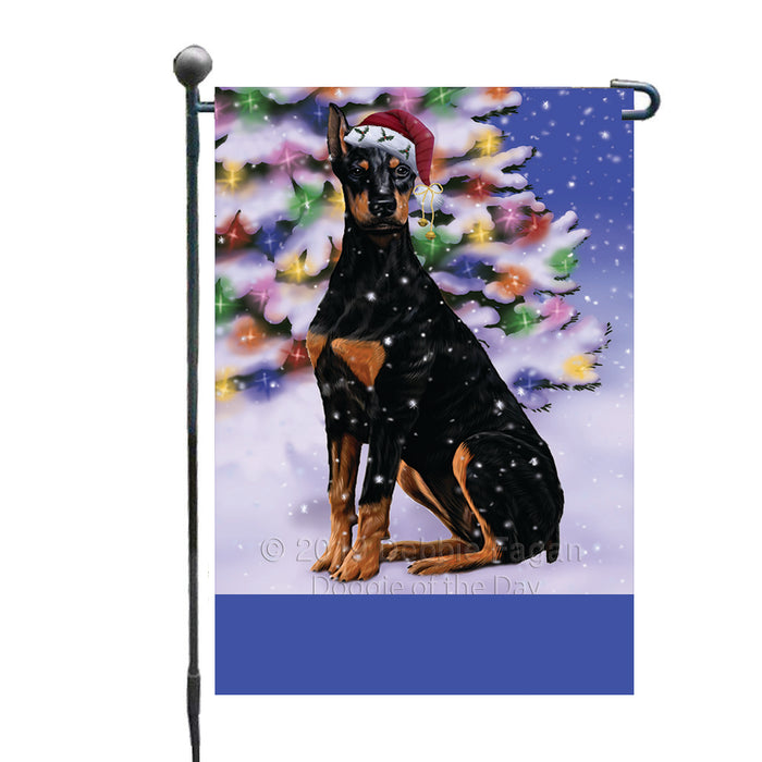 Personalized Winterland Wonderland Doberman Dog In Christmas Holiday Scenic Background Custom Garden Flags GFLG-DOTD-A61307