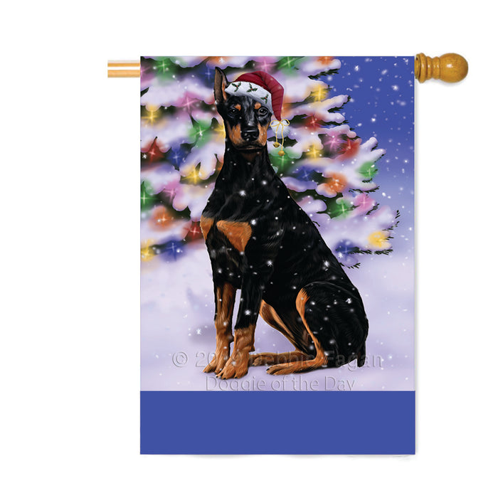 Personalized Winterland Wonderland Doberman Dog In Christmas Holiday Scenic Background Custom House Flag FLG-DOTD-A61363