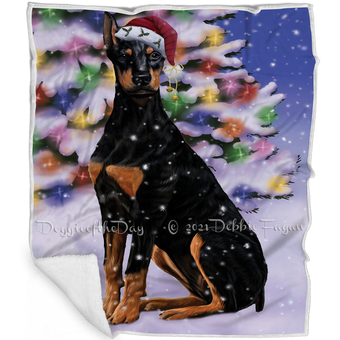 Winterland Wonderland Doberman Pinschers Dog In Christmas Holiday Scenic Background Blanket