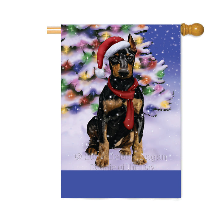 Personalized Winterland Wonderland Doberman Dog In Christmas Holiday Scenic Background Custom House Flag FLG-DOTD-A61364