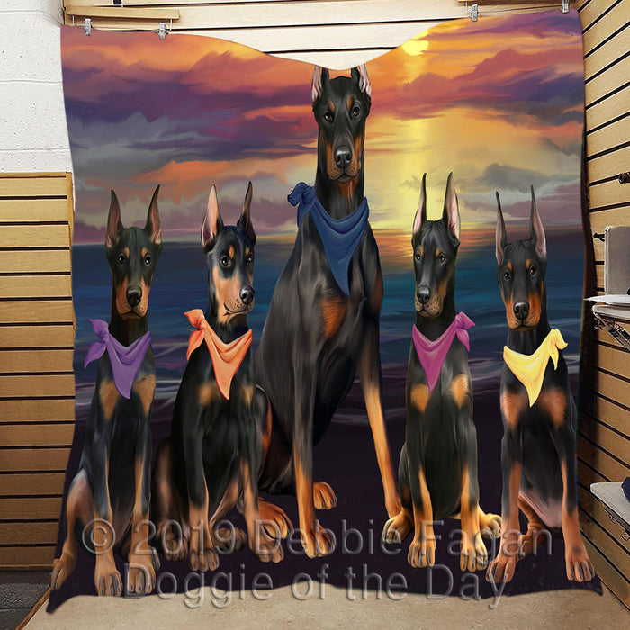 Family Sunset Portrait Doberman Dogs Quilt
