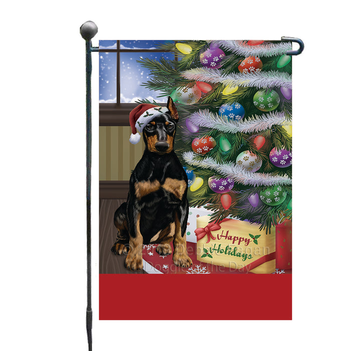 Personalized Christmas Happy Holidays Doberman Dog with Tree and Presents Custom Garden Flags GFLG-DOTD-A58628