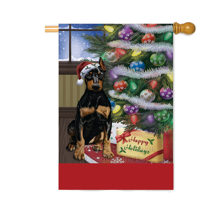 Personalized Christmas Happy Holidays Doberman Dog with Tree and Presents Custom House Flag FLG-DOTD-A58684