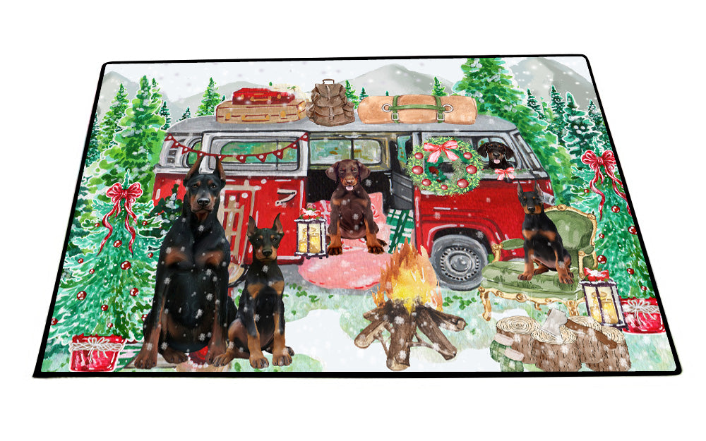 Christmas Time Camping with Doberman Dogs Floor Mat- Anti-Slip Pet Door Mat Indoor Outdoor Front Rug Mats for Home Outside Entrance Pets Portrait Unique Rug Washable Premium Quality Mat
