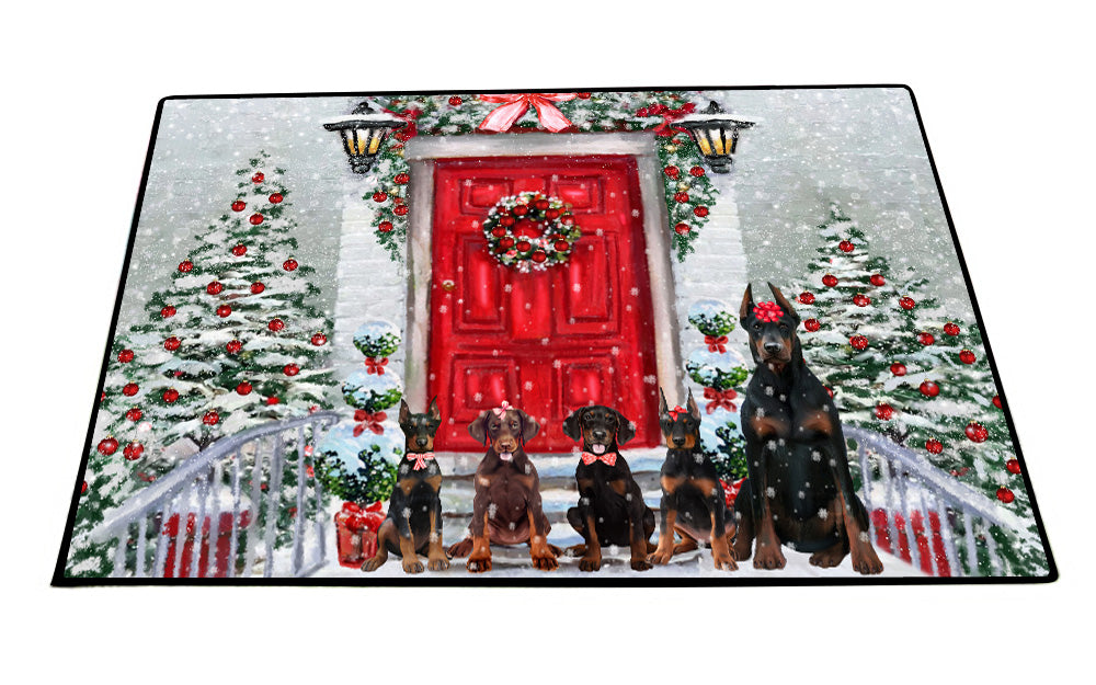 Christmas Holiday Welcome Doberman Dogs Floor Mat- Anti-Slip Pet Door Mat Indoor Outdoor Front Rug Mats for Home Outside Entrance Pets Portrait Unique Rug Washable Premium Quality Mat