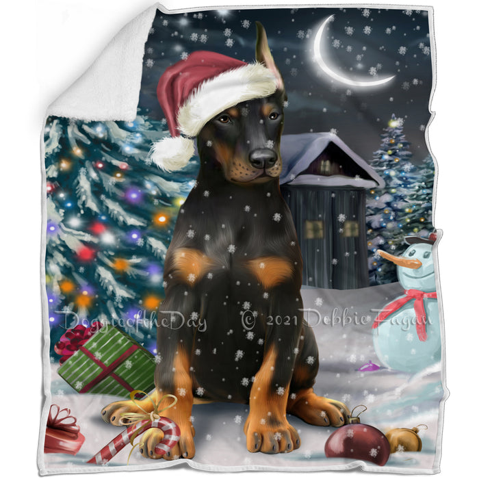 Have a Holly Jolly Christmas Doberman Pinscher Dog in Holiday Background Blanket D025