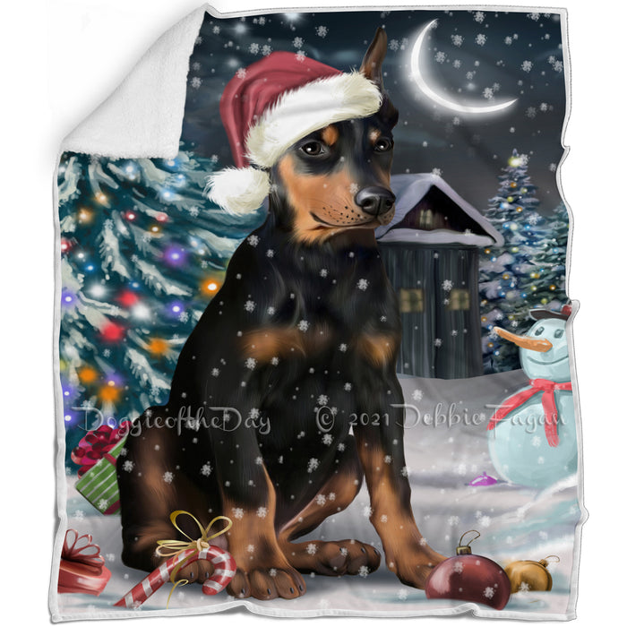 Have a Holly Jolly Christmas Doberman Pinscher Dog in Holiday Background Blanket D026