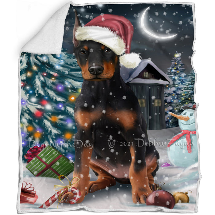 Have a Holly Jolly Christmas Doberman Pinscher Dog in Holiday Background Blanket D027