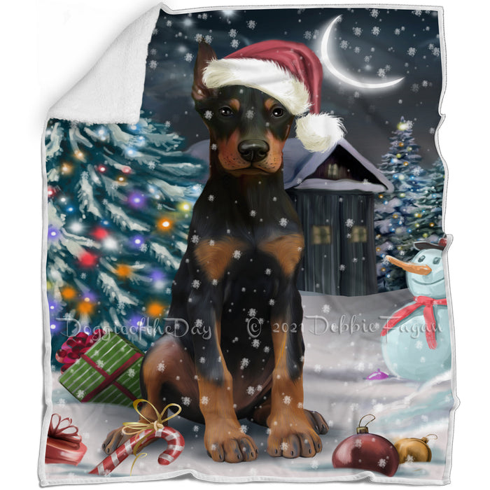 Have a Holly Jolly Christmas Doberman Pinscher Dog in Holiday Background Blanket D028
