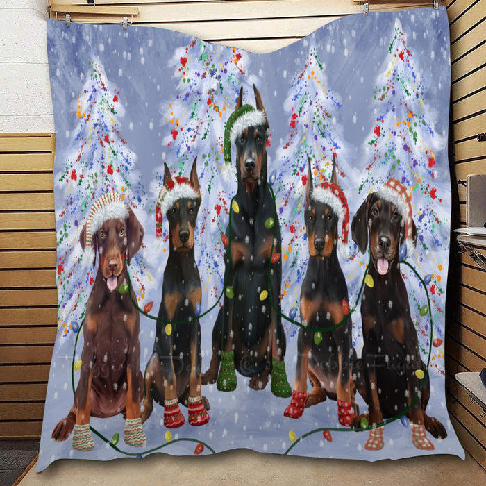Christmas Lights and Doberman Dogs  Quilt Bed Coverlet Bedspread - Pets Comforter Unique One-side Animal Printing - Soft Lightweight Durable Washable Polyester Quilt