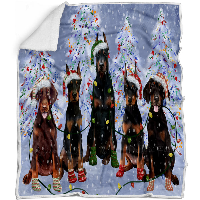 Christmas Lights and Doberman Dogs Blanket - Lightweight Soft Cozy and Durable Bed Blanket - Animal Theme Fuzzy Blanket for Sofa Couch