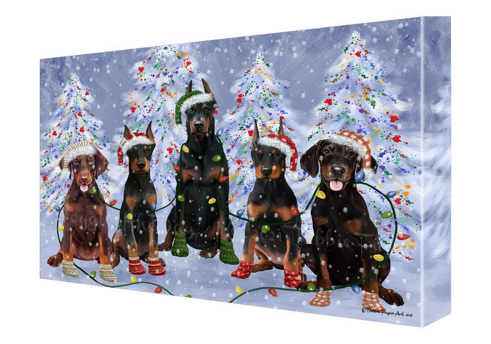 Christmas Lights and Doberman Dogs Canvas Wall Art - Premium Quality Ready to Hang Room Decor Wall Art Canvas - Unique Animal Printed Digital Painting for Decoration