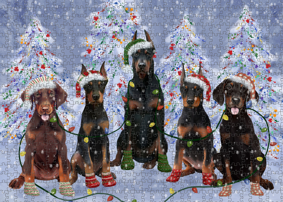 Christmas Lights and Doberman Dogs Portrait Jigsaw Puzzle for Adults Animal Interlocking Puzzle Game Unique Gift for Dog Lover's with Metal Tin Box