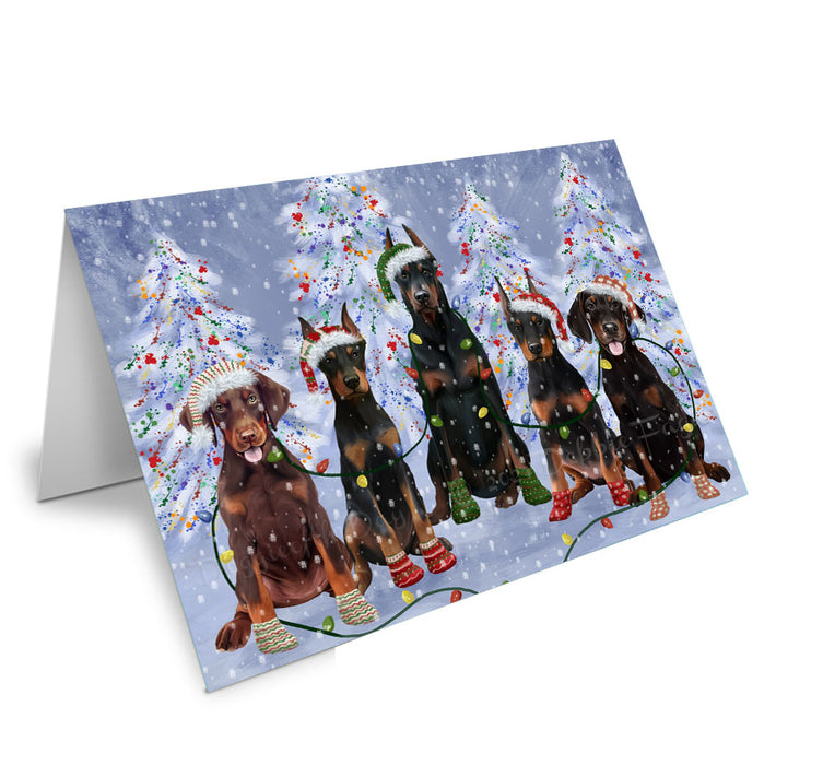Christmas Lights and Doberman Dogs Handmade Artwork Assorted Pets Greeting Cards and Note Cards with Envelopes for All Occasions and Holiday Seasons