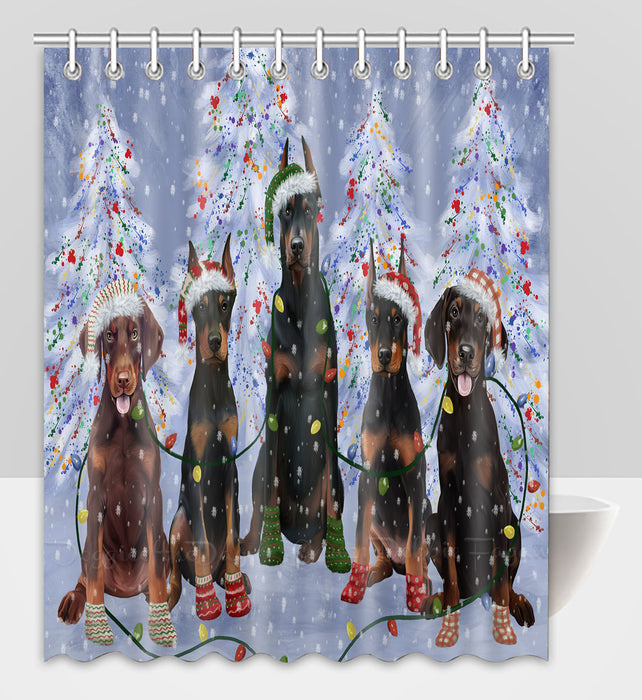 Christmas Lights and Doberman Dogs Shower Curtain Pet Painting Bathtub Curtain Waterproof Polyester One-Side Printing Decor Bath Tub Curtain for Bathroom with Hooks