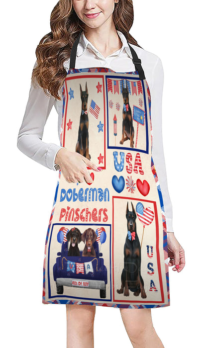 4th of July Independence Day I Love USA Doberman Dogs Apron - Adjustable Long Neck Bib for Adults - Waterproof Polyester Fabric With 2 Pockets - Chef Apron for Cooking, Dish Washing, Gardening, and Pet Grooming