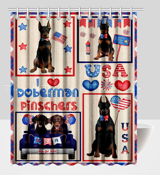 4th of July Independence Day I Love USA Doberman Dogs Shower Curtain Pet Painting Bathtub Curtain Waterproof Polyester One-Side Printing Decor Bath Tub Curtain for Bathroom with Hooks