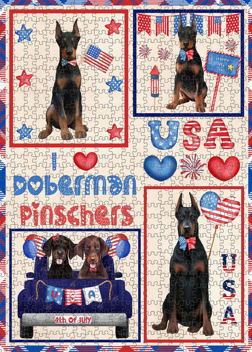 4th of July Independence Day I Love USA Doberman Dogs Portrait Jigsaw Puzzle for Adults Animal Interlocking Puzzle Game Unique Gift for Dog Lover's with Metal Tin Box