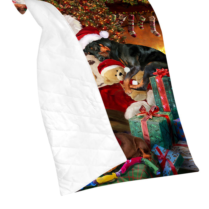 Santa Sleeping with Doberman Pinscher Dogs Quilt