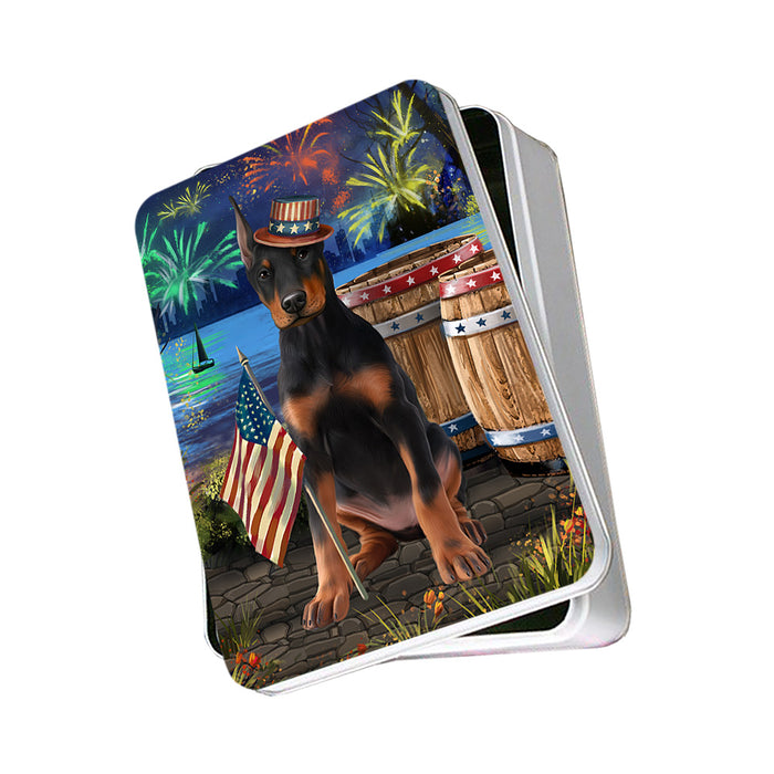 4th of July Independence Day Fireworks Doberman Pinscher Dog at the Lake Photo Storage Tin PITN51152