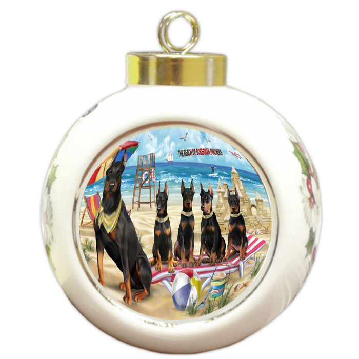Pet Friendly Beach Doberman Dogs Round Ball Christmas Ornament Pet Decorative Hanging Ornaments for Christmas X-mas Tree Decorations - 3" Round Ceramic Ornament