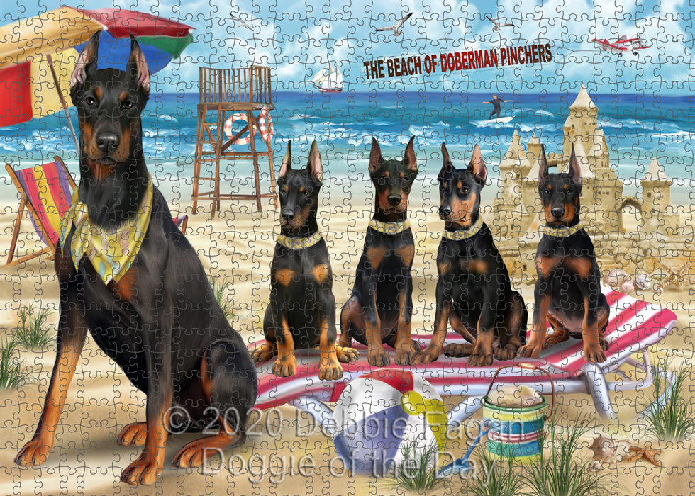 Pet Friendly Beach Doberman Pinscher Dogs Portrait Jigsaw Puzzle for Adults Animal Interlocking Puzzle Game Unique Gift for Dog Lover's with Metal Tin Box