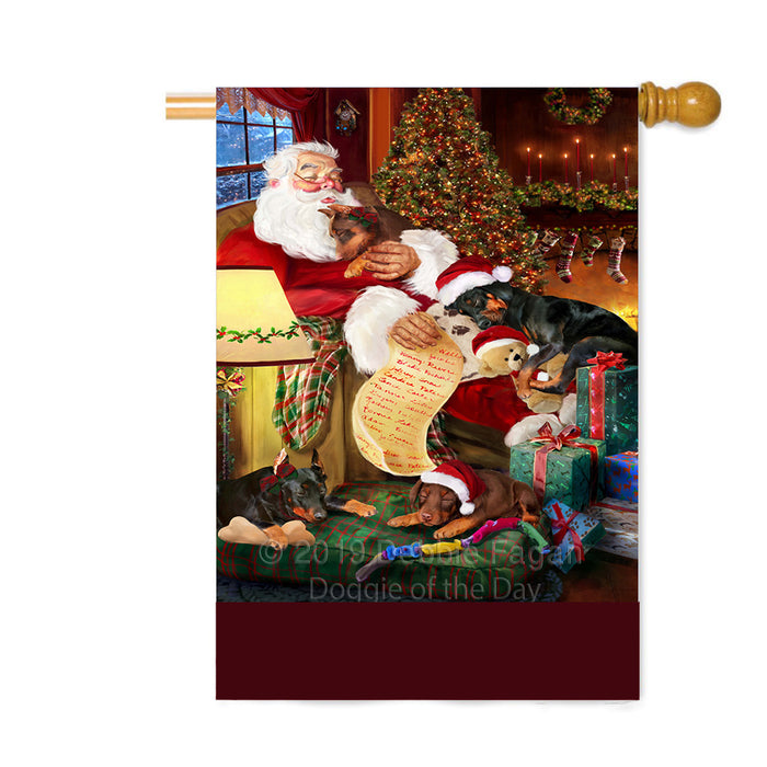 Personalized Doberman Pinscher Dogs and Puppies Sleeping with Santa Custom House Flag FLG-DOTD-A62684