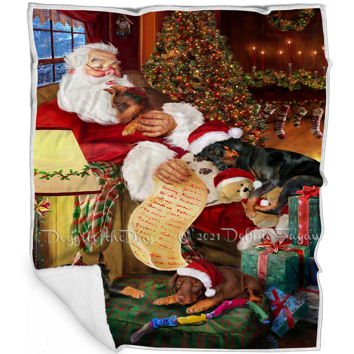 Doberman Pinscher Dog and Puppies Sleeping with Santa Blanket
