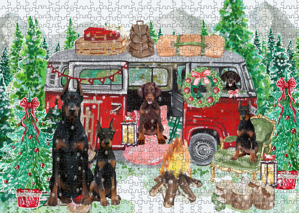 Christmas Time Camping with Doberman Dogs Portrait Jigsaw Puzzle for Adults Animal Interlocking Puzzle Game Unique Gift for Dog Lover's with Metal Tin Box