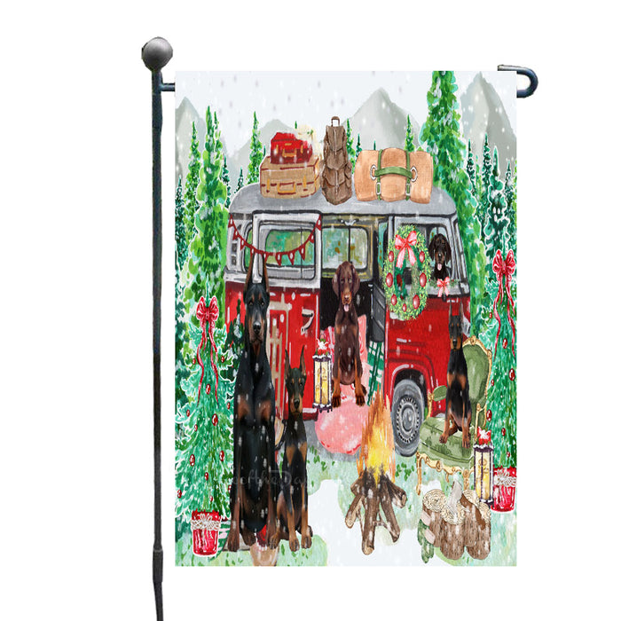 Christmas Time Camping with Doberman Dogs Garden Flags- Outdoor Double Sided Garden Yard Porch Lawn Spring Decorative Vertical Home Flags 12 1/2"w x 18"h