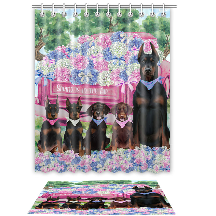Doberman Pinscher Shower Curtain & Bath Mat Set, Custom, Explore a Variety of Designs, Personalized, Curtains with hooks and Rug Bathroom Decor, Halloween Gift for Dog Lovers