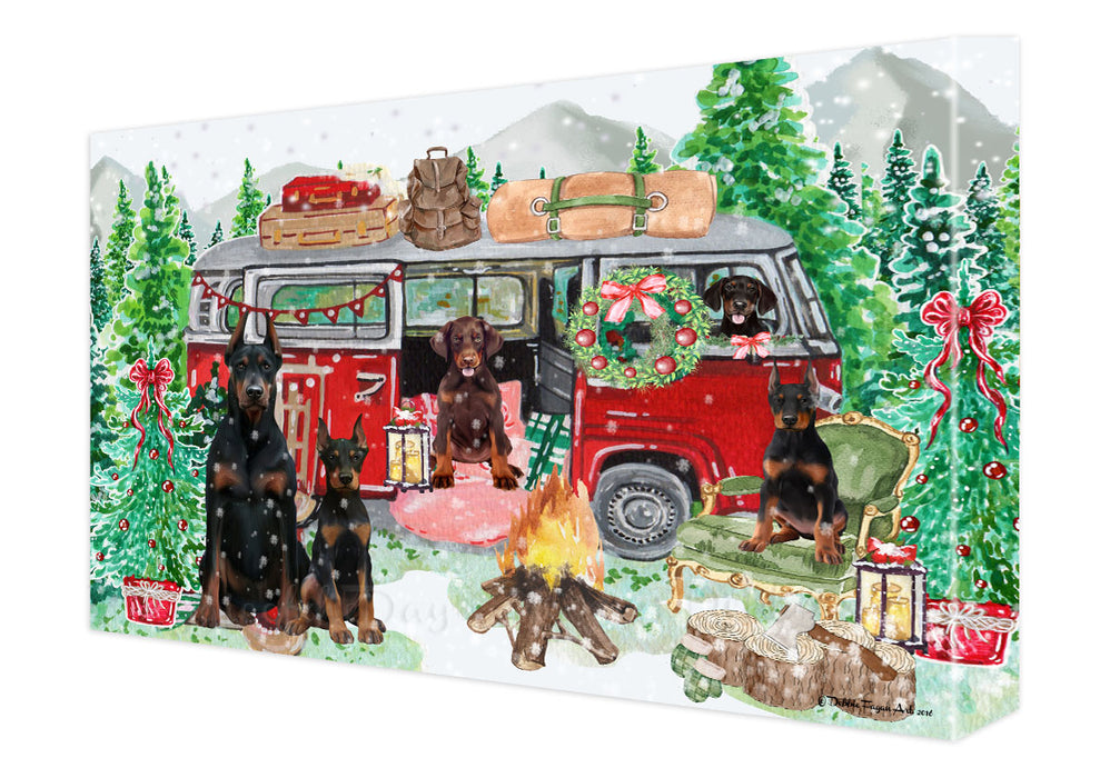 Christmas Time Camping with Doberman Dogs Canvas Wall Art - Premium Quality Ready to Hang Room Decor Wall Art Canvas - Unique Animal Printed Digital Painting for Decoration