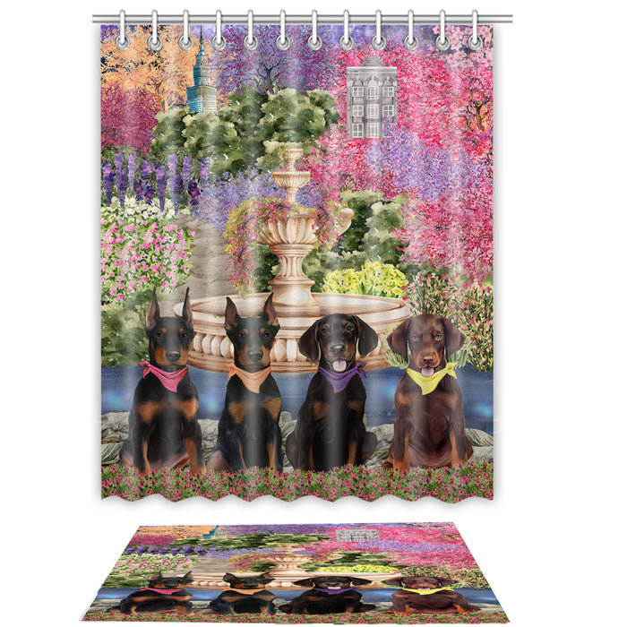 Doberman Pinscher Shower Curtain & Bath Mat Set, Custom, Explore a Variety of Designs, Personalized, Curtains with hooks and Rug Bathroom Decor, Halloween Gift for Dog Lovers