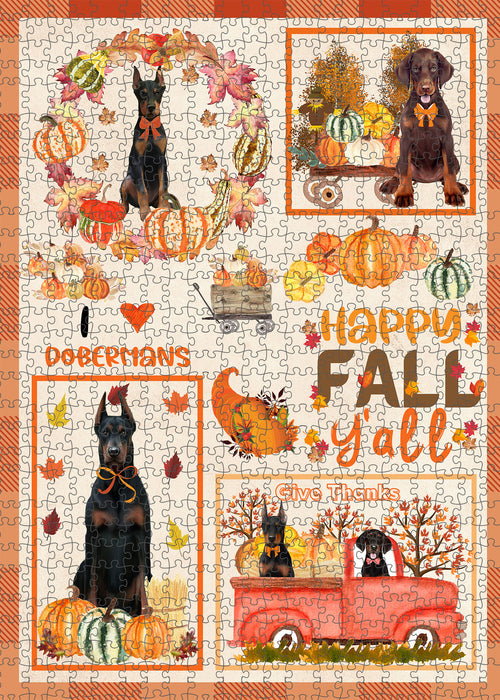 Happy Fall Y'all Pumpkin Doberman Dogs Portrait Jigsaw Puzzle for Adults Animal Interlocking Puzzle Game Unique Gift for Dog Lover's with Metal Tin Box