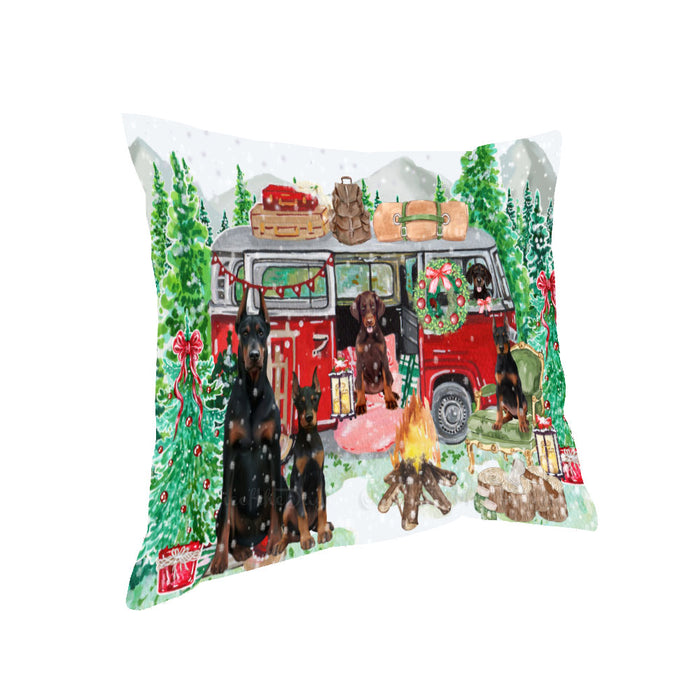Christmas Time Camping with Doberman Dogs Pillow with Top Quality High-Resolution Images - Ultra Soft Pet Pillows for Sleeping - Reversible & Comfort - Ideal Gift for Dog Lover - Cushion for Sofa Couch Bed - 100% Polyester
