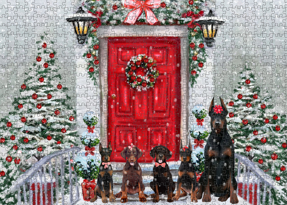 Christmas Holiday Welcome Doberman Dogs Portrait Jigsaw Puzzle for Adults Animal Interlocking Puzzle Game Unique Gift for Dog Lover's with Metal Tin Box