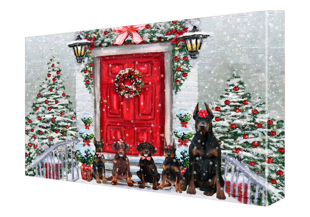 Christmas Holiday Welcome Doberman Dogs Canvas Wall Art - Premium Quality Ready to Hang Room Decor Wall Art Canvas - Unique Animal Printed Digital Painting for Decoration