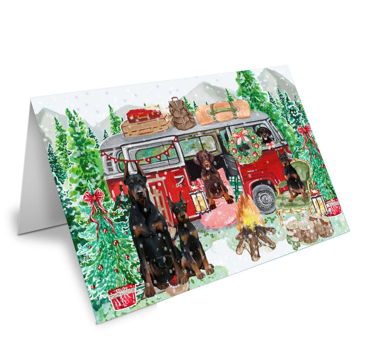 Christmas Time Camping with Doberman Dogs Handmade Artwork Assorted Pets Greeting Cards and Note Cards with Envelopes for All Occasions and Holiday Seasons