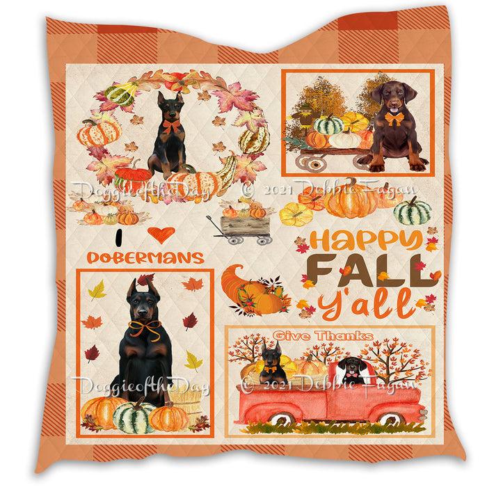 Happy Fall Y'all Pumpkin Doberman Dogs Quilt Bed Coverlet Bedspread - Pets Comforter Unique One-side Animal Printing - Soft Lightweight Durable Washable Polyester Quilt