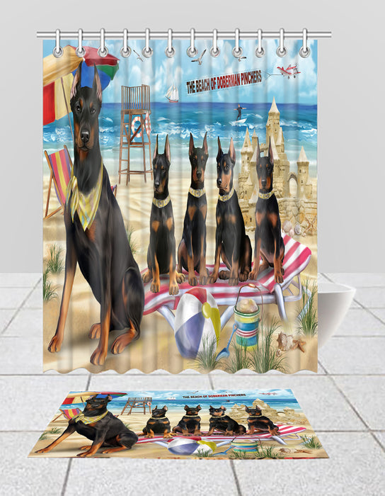 Pet Friendly Beach Doberman Pinscher Dogs Bath Mat and Shower Curtain Combo