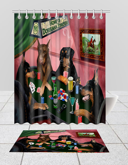 Home of  Doberman Pinscher Dogs Playing Poker Bath Mat and Shower Curtain Combo