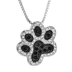 Dog Cat Lover Paw Print Necklace Bling Black & Silver Rhinestone BOGO