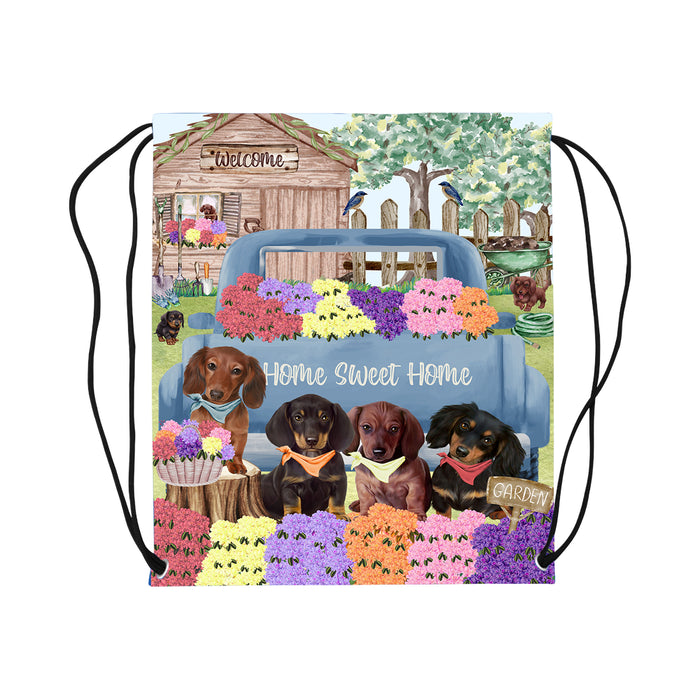 Rhododendron Home Sweet Home Garden Blue Truck Dachshund Dog on Drawstring Bag