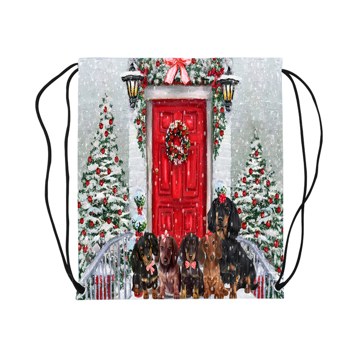 Christmas Holiday Welcome Red Door Dachshund Dog on Drawstring Bag