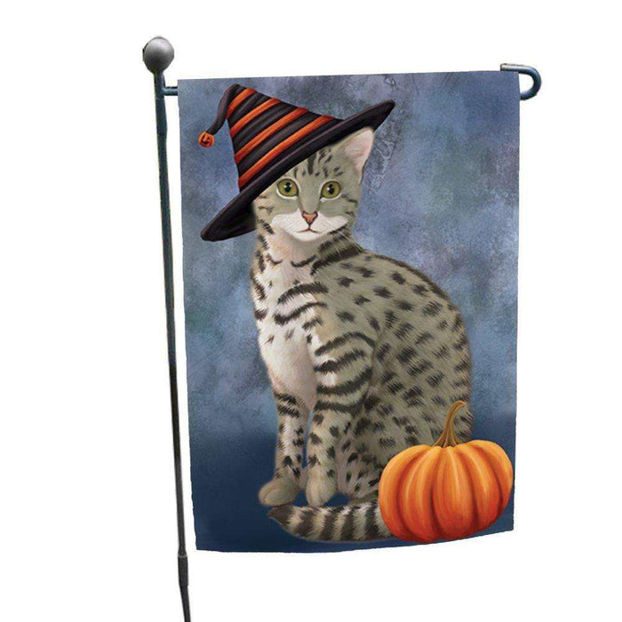 Egyptian Mau Cat Wearing Witch Hat with Pumpkin Garden Flag
